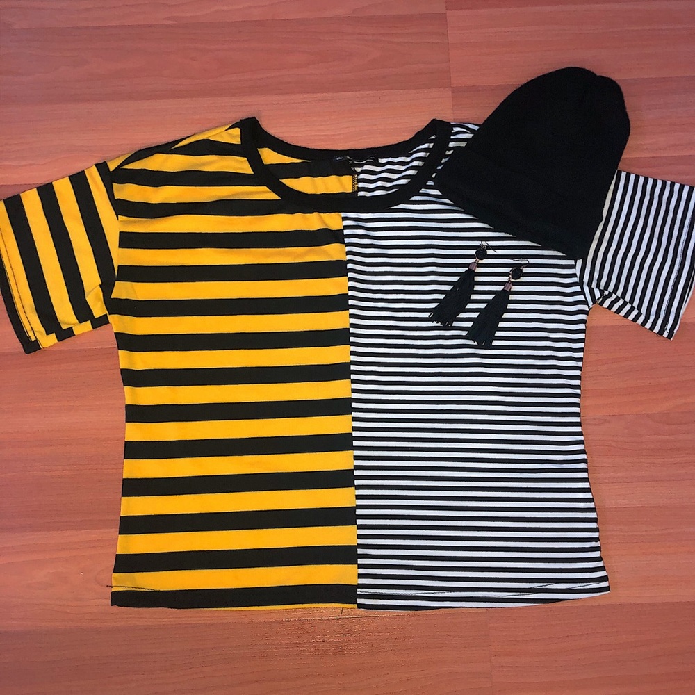 Dual patterned striped T-shirt yellow and black
